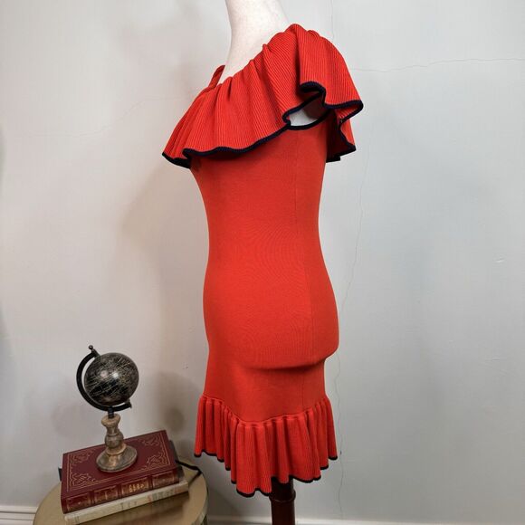 Rebecca Vallance Carpi Off Shoulder Ruffled Stretch Knit Mini Dress Size 0 Red - Picture 8 of 13